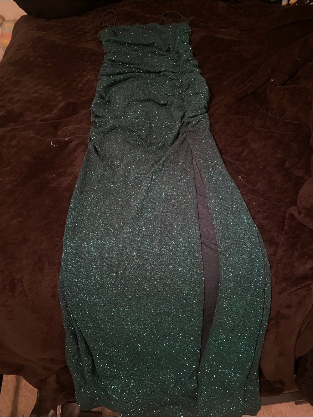 Ruched Glitter Maxi Dress in Green Like New